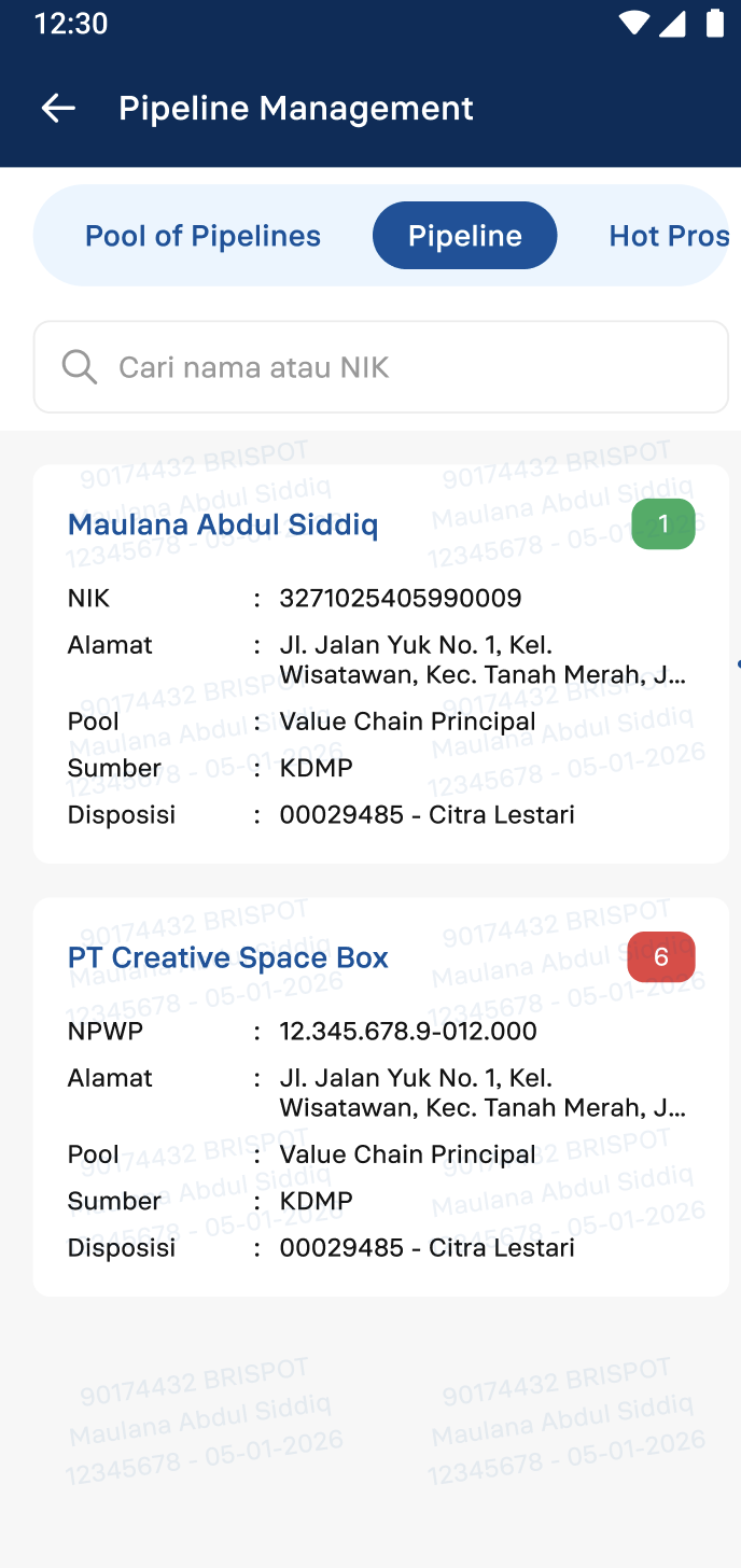 Tampilan Monitoring & Aging di aplikasi mobile