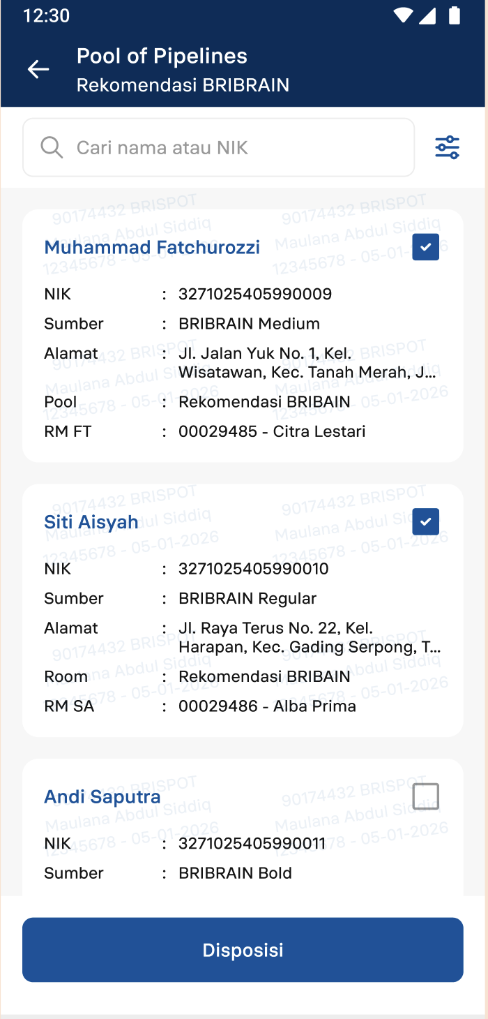 Tampilan Bulk Disposisi di aplikasi mobile